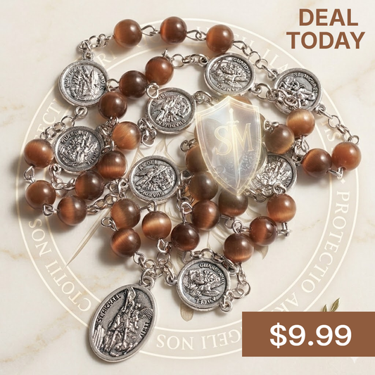 St. Michael the Archangel Protection Rosary – Shimmering Brown Cat’s Eye Beads with Guardian Angel & St. Michael Shield Medals
