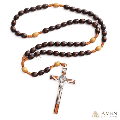 【Deal Today】Woven Cord Wooden Rosary with St. Benedict Medal Cross - Sacred Blessing | Amen Artisan