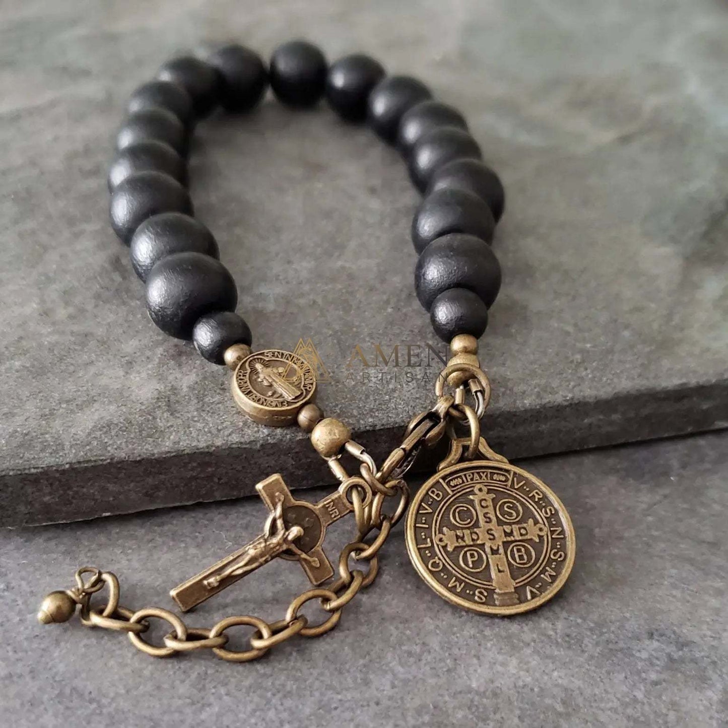 Black Wood Beads Brass Saint Benedict Medal Adjustment Bracelet