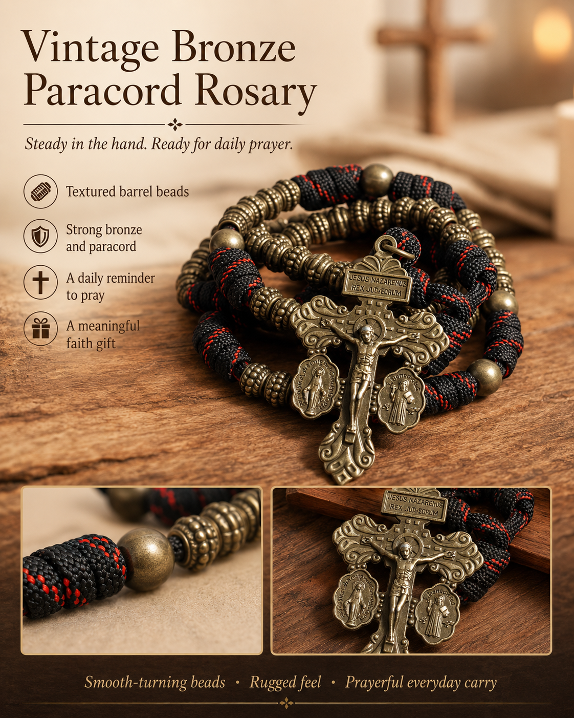 【DEAL TODAY】A Steady Rhythm of Prayer — Bronze Paracord Rosary with Smooth-Turning Beads