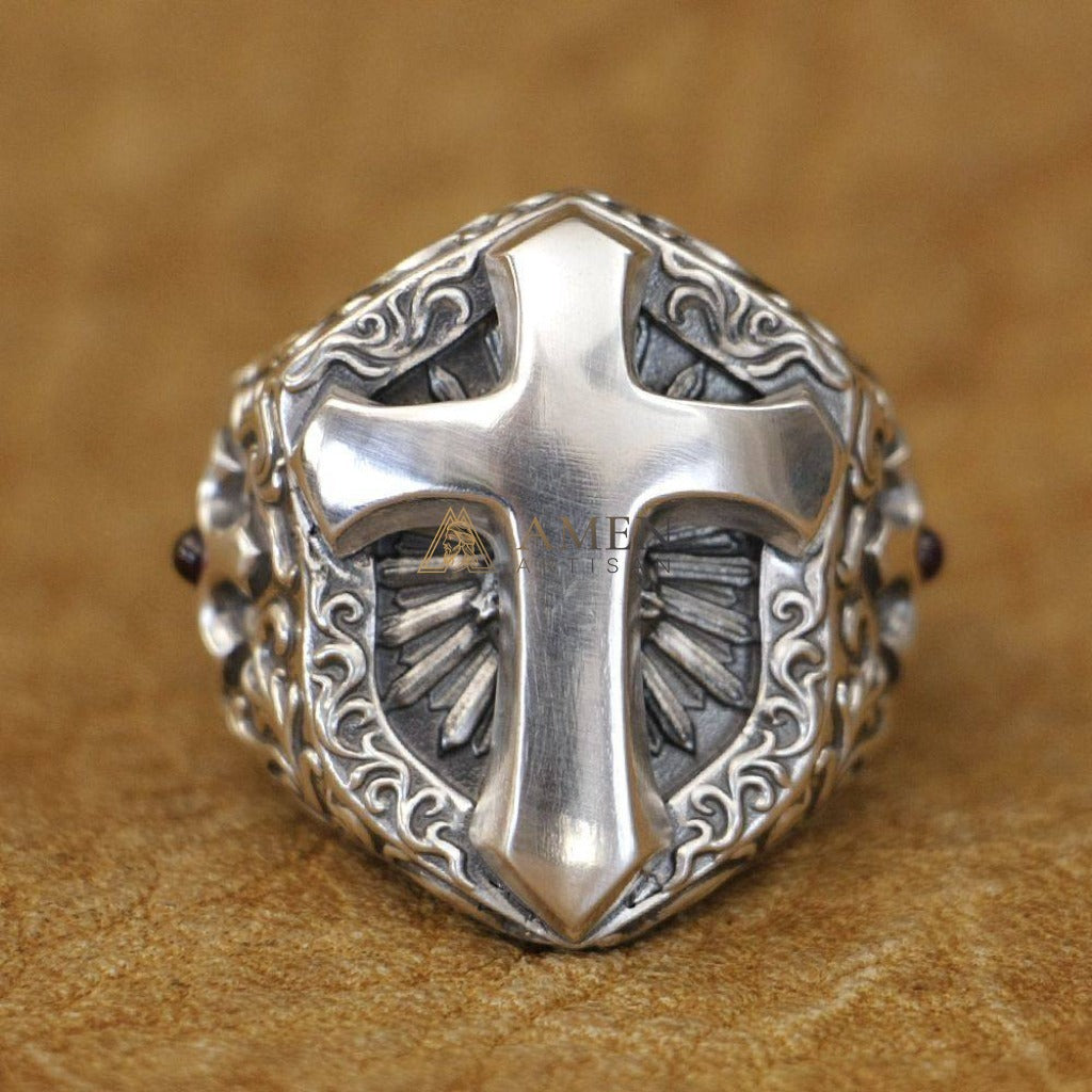 925 Sterling Silver Shield Cross Ring Amen Artisan