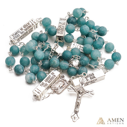 Matte Blue Chalcedony Bead Rosary with 5 Mysteries Amen Artisan