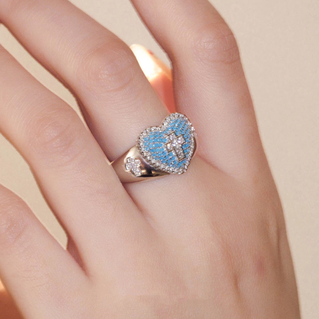 【DEAL TODAY】Blue Heart Cross Open Ring with Rhinestone Accents