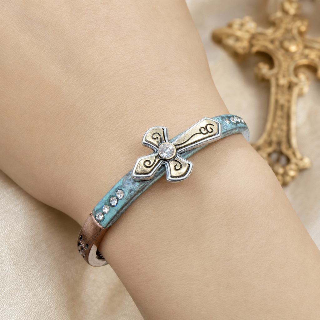 Vintage Cross Stretch Bracelet with Rhinestone Accents