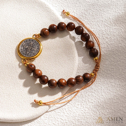 Wooden Beads Saint Benedict Medal Adjustable Bracelet Amen Artisan