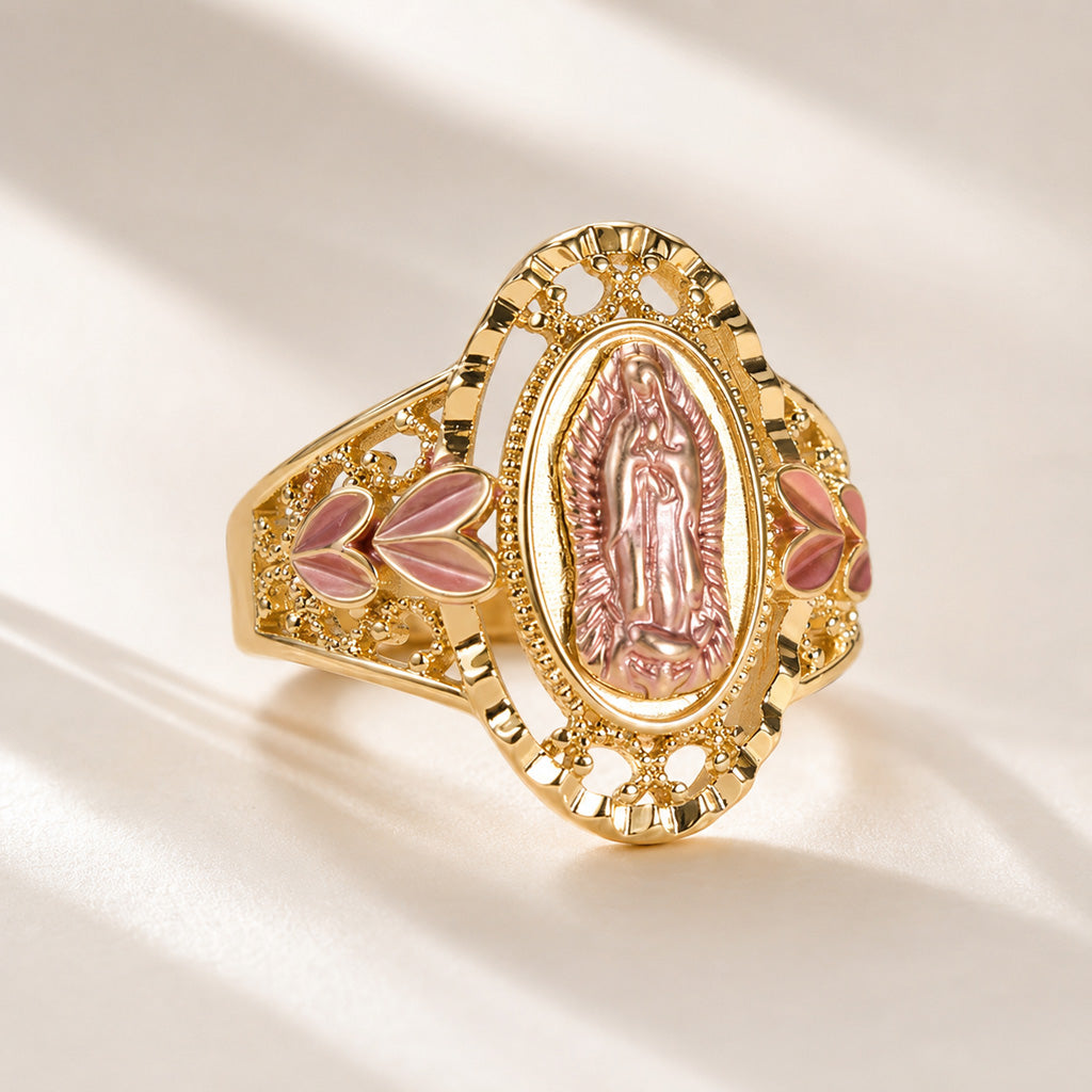 Our Lady Gold-Tone Ring with Pink Raised Detail