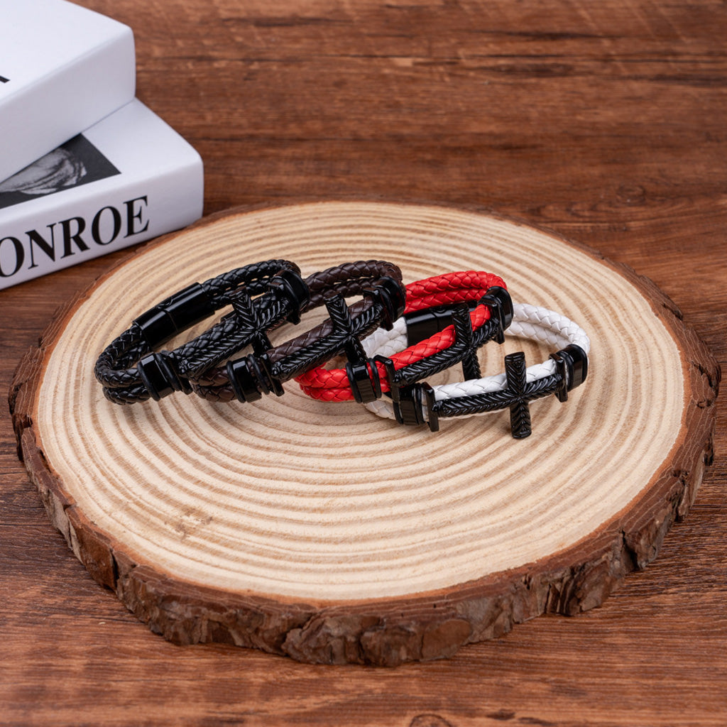 Leather Cross Bracelet with Magnetic Clasp