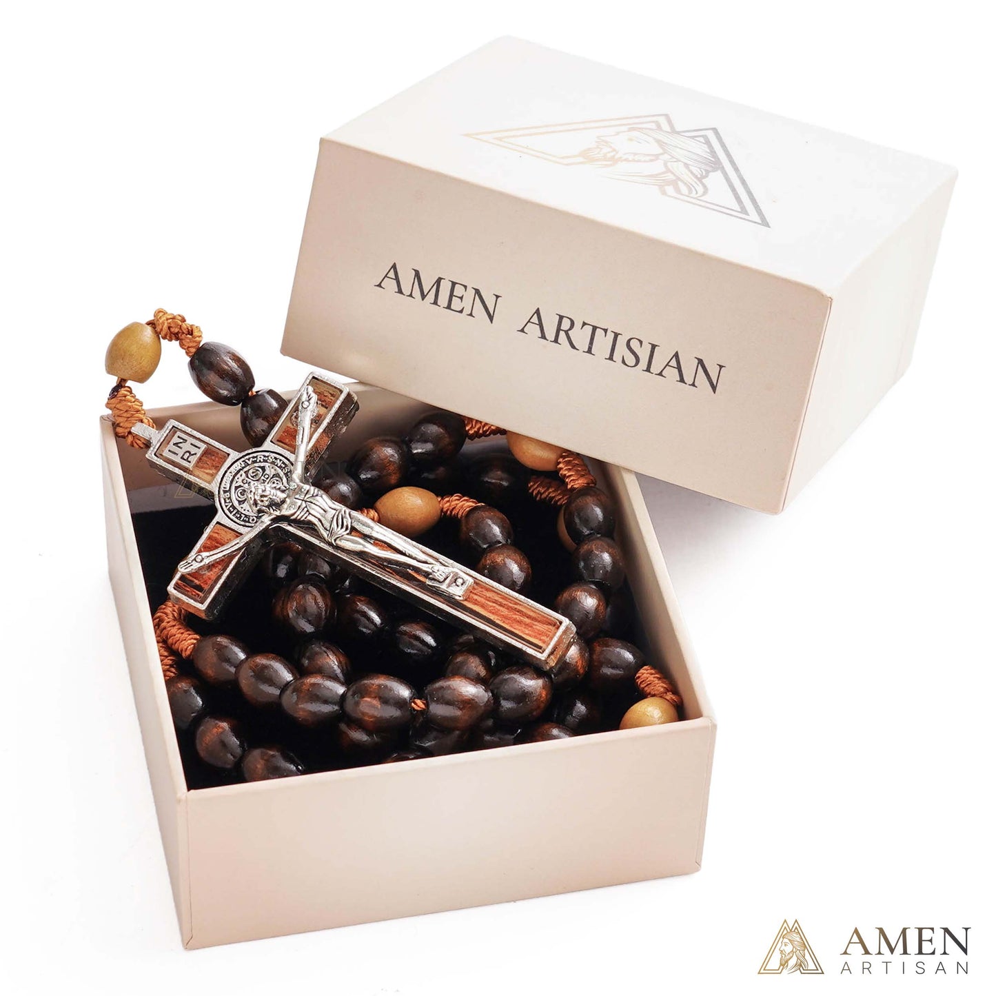 Woven Cord Wooden Rosary with St. Benedict Medal Cross - Sacred Blessing | Amen Artisan