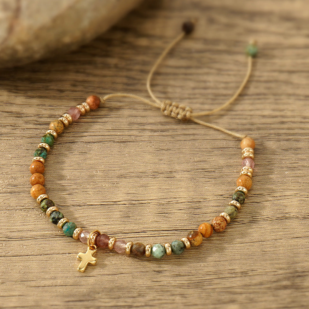 Boho Natural Stone Cross Bracelet with Adjustable Cord — Faith