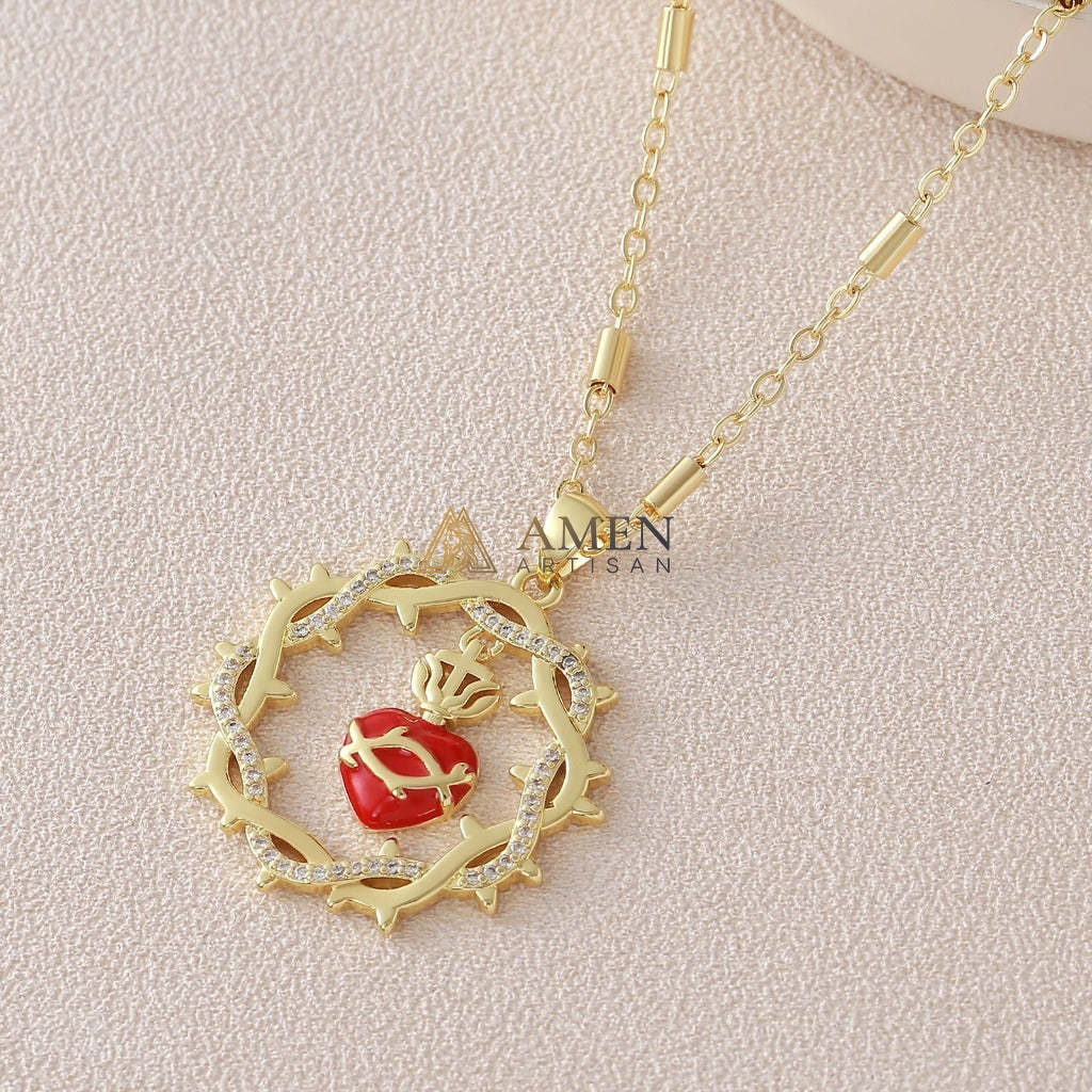 Sacred Heart & Crown of Thorns Pendant Necklace Amen Artisan
