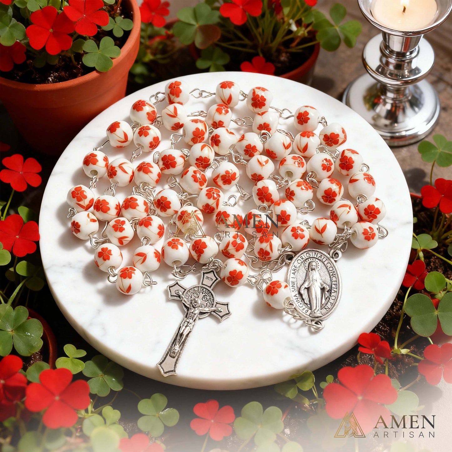 Four Leaf Clover Ceramic Rosary Amen Artisan