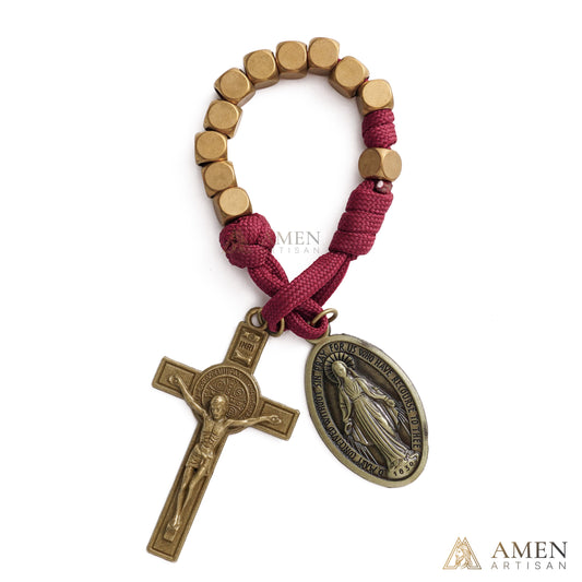 Burgundy Clip-On Pocket Decade Rosary with Crucifix and Our Lady Medal