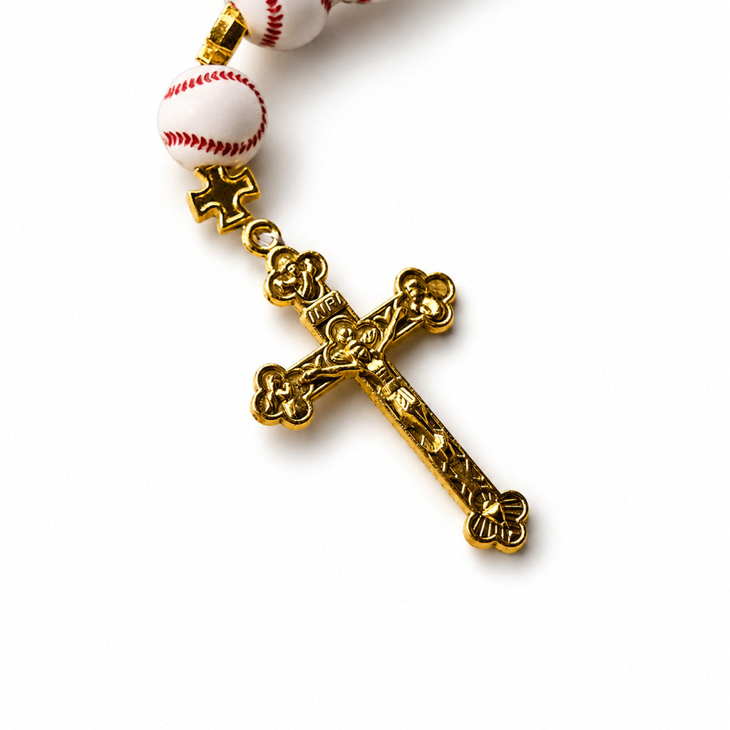 Baseball Rosary with Gold-Tone Crucifix and Cross Spacers
