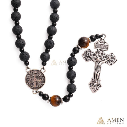 【Deal Today】Natural Lava Stone & Tiger’s Eye Prayer Beads with Vintage-Style Crucifix |  Amen Artisan