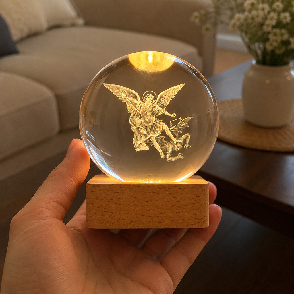 St. Michael Crystal Night Light with Wooden Base — Protection
