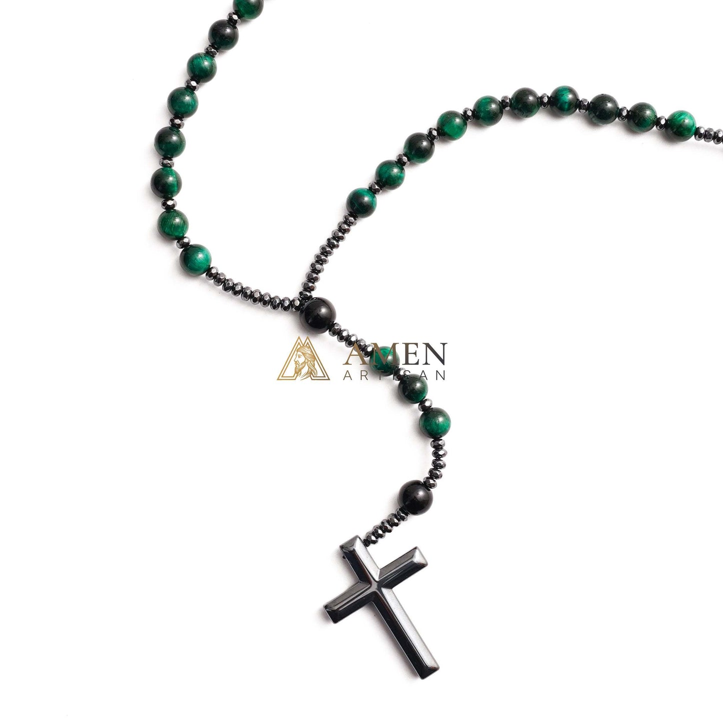 Green Tiger Eye Cross Rosary Amen Artisan