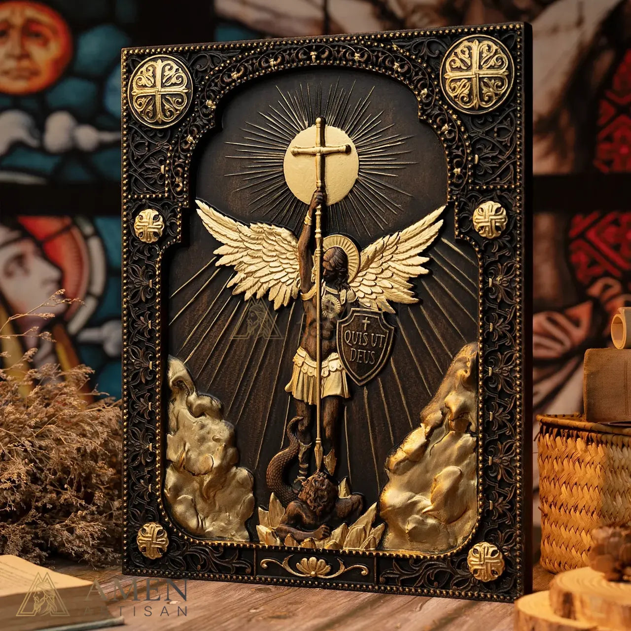 St Michael Wood Carving Amen Artisan