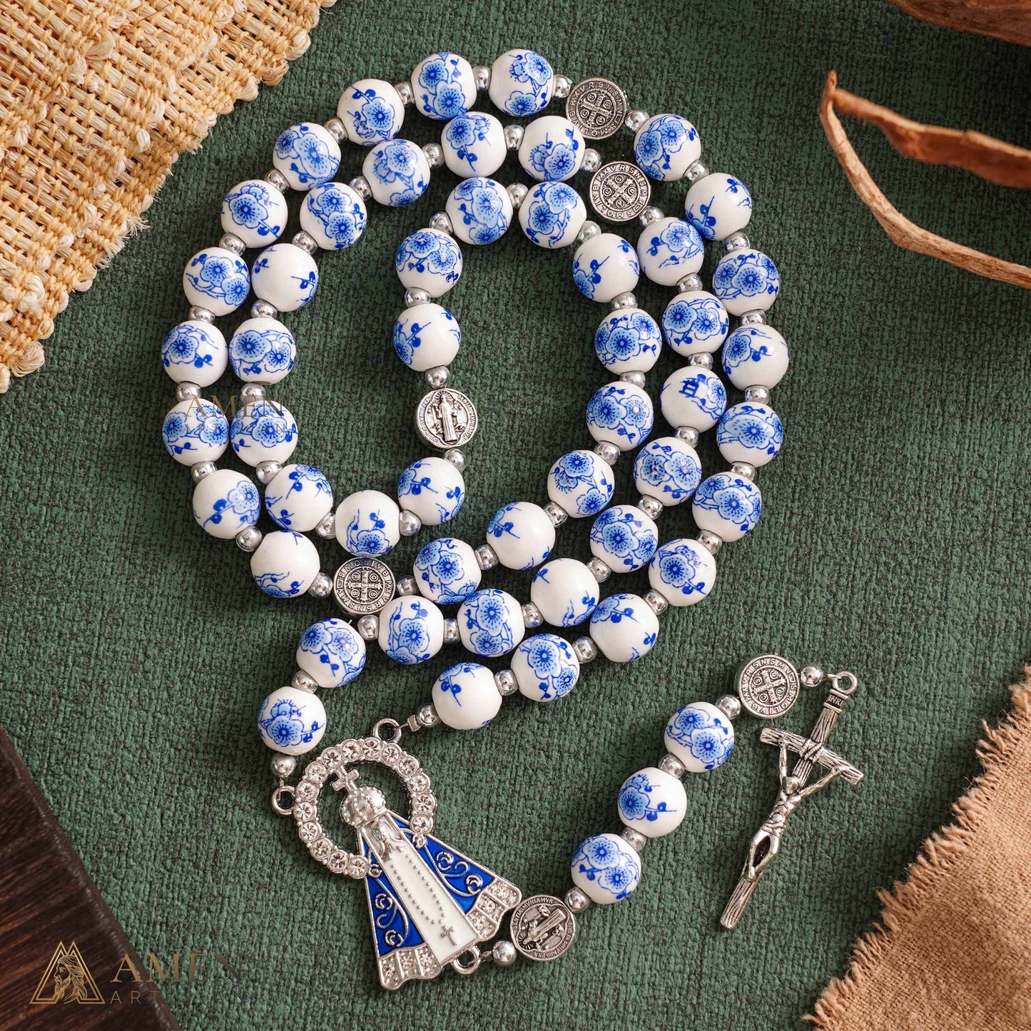 【Limited-Time 50% off】Blue Floral Ceramic Rosary with Marian Pendant and St. Benedict Medals — Grace and Peace | Amen Artisan