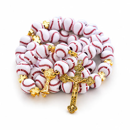 Baseball Rosary with Gold-Tone Crucifix and Cross Spacers