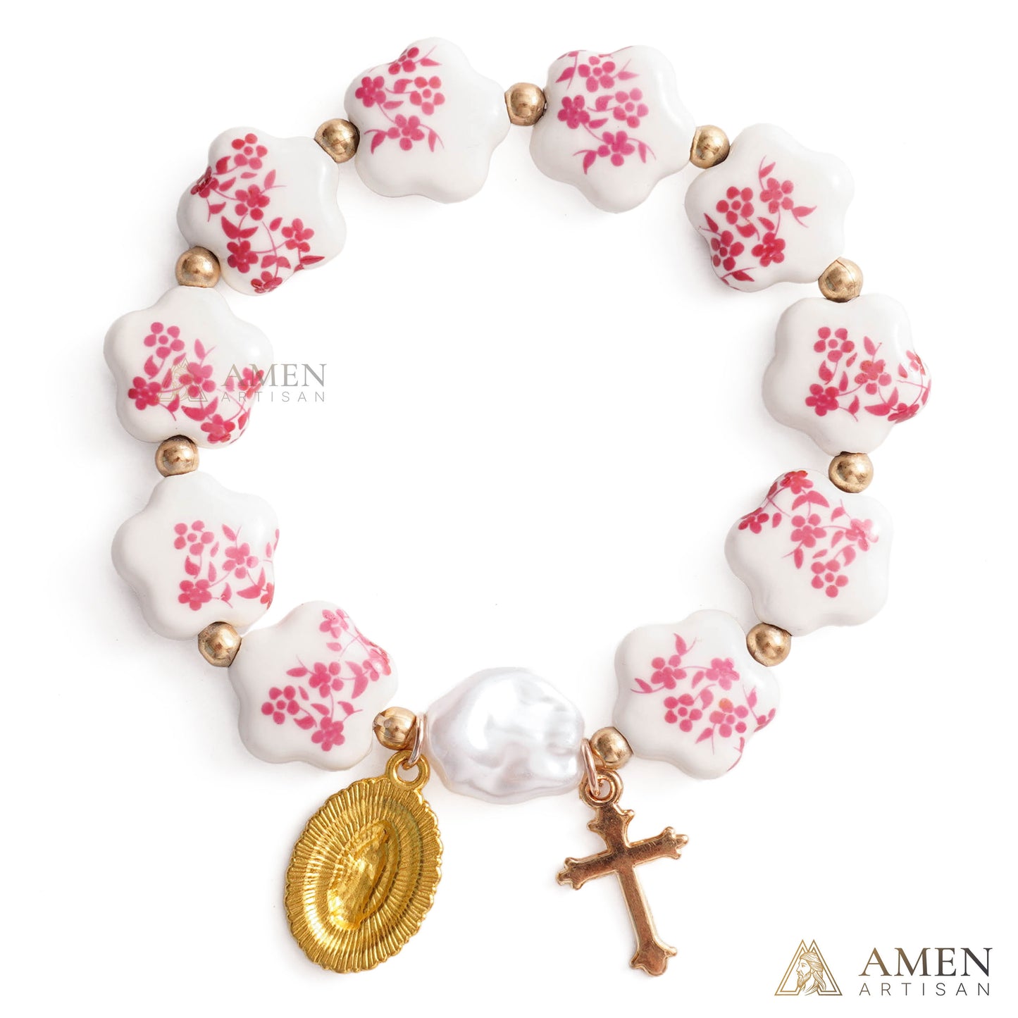 【Deal Today】Blue Floral Ceramic Flower Bracelet with Virgin Mary Pendant - Faith & Peace | Amen Artisan
