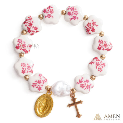 【Deal Today】Blue Floral Ceramic Flower Bracelet with Virgin Mary Pendant - Faith & Peace | Amen Artisan