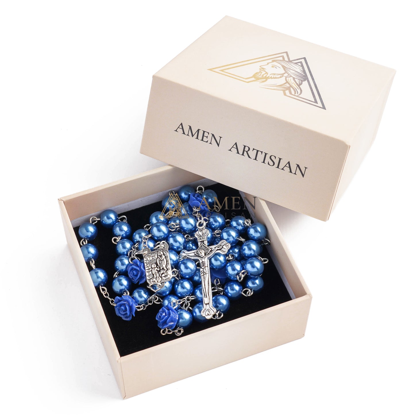 Royal Blue Rosary with Rose Accent, Cross and Saint Medal - Hope, Love & Blessing |  Amen Artisan