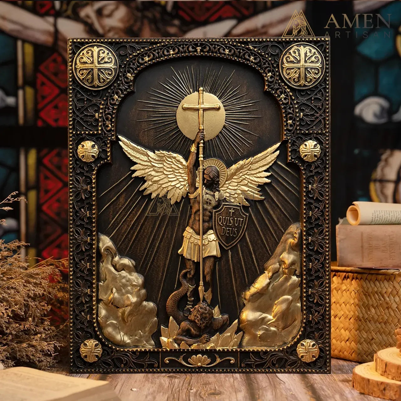 St Michael Wood Carving Amen Artisan