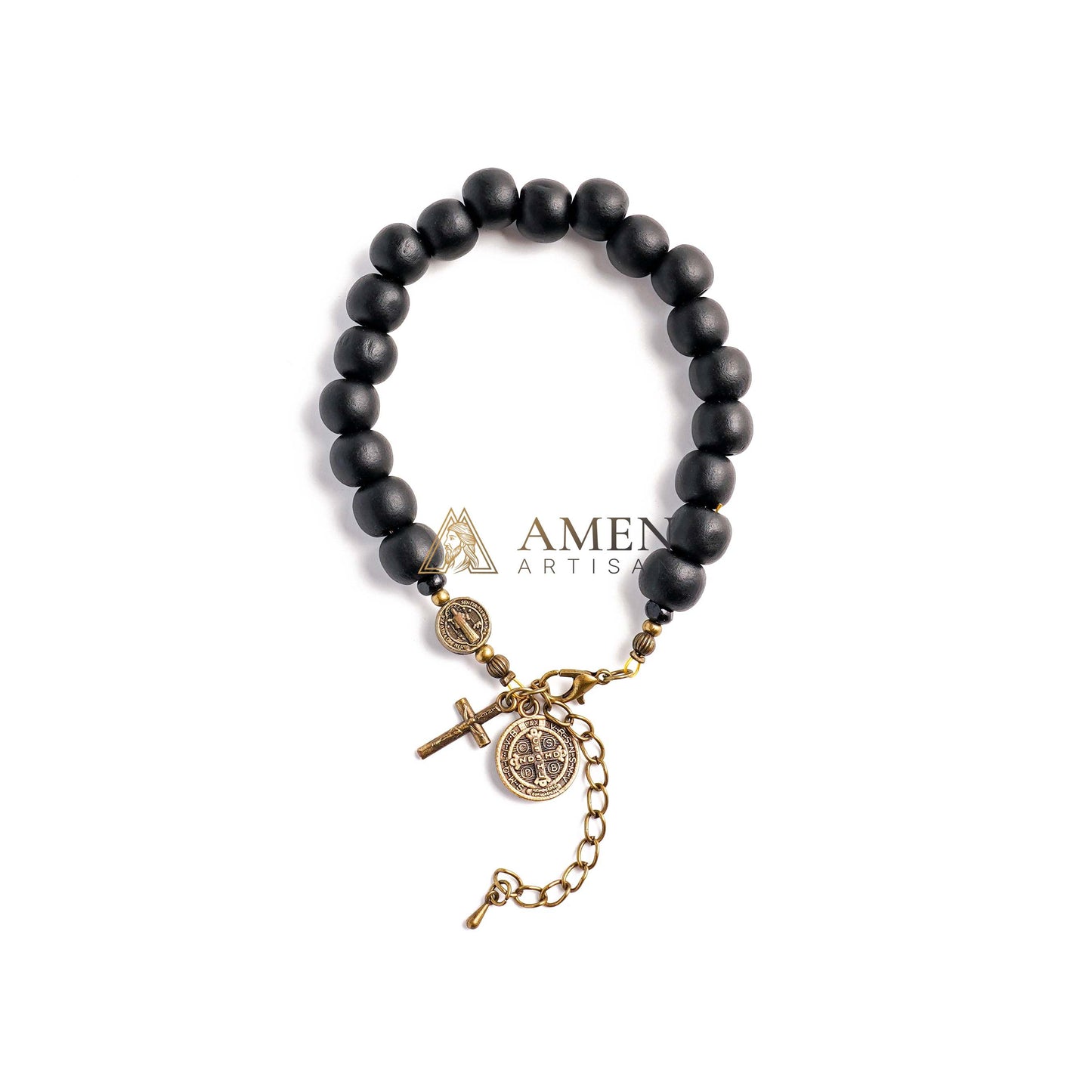 Black Wood Beads Brass Saint Benedict Medal Adjustment Bracelet Amen Artisan