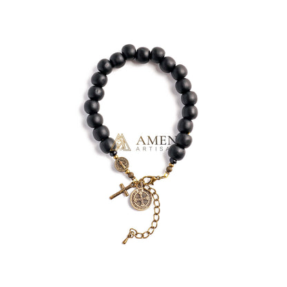 Black Wood Beads Brass Saint Benedict Medal Adjustment Bracelet Amen Artisan
