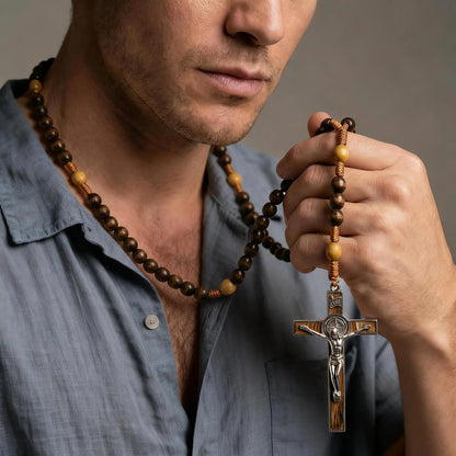 【Deal Today】Woven Cord Wooden Rosary with St. Benedict Medal Cross - Sacred Blessing | Amen Artisan