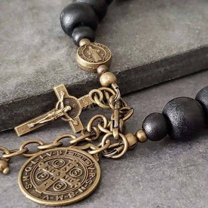 Black Wood Beads Brass Saint Benedict Medal Adjustment Bracelet