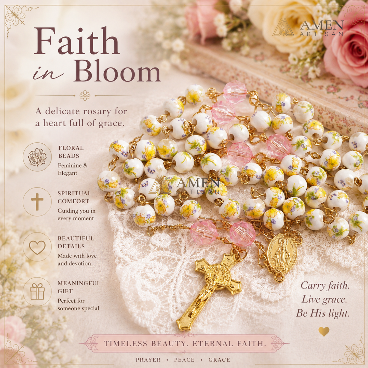 Yellow Floral Ceramic Rosary