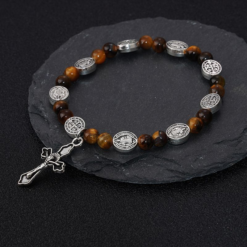 Tiger's Eye Beads Saint Benedict Medal Crucifix Bracelet