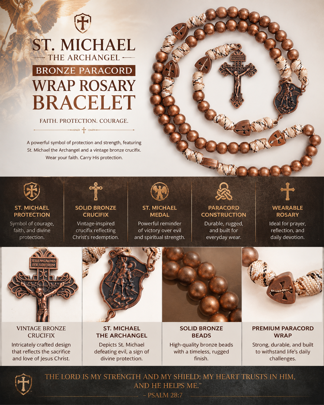 St. Michael the Archangel Bronze Paracord Wrapped Rosary Bracelet – Faith & Protection Amen Artisan