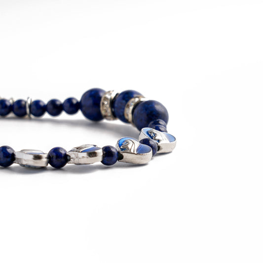 Lapis Lazuli Zircon Enamel Divine Mary of the Heart Blue Beads Crucifix Stretch Bracelet