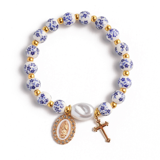 Blue and White Pottery Beads & Baroque Pearl Elastic Cord Cross Bracelet Amen Artisan