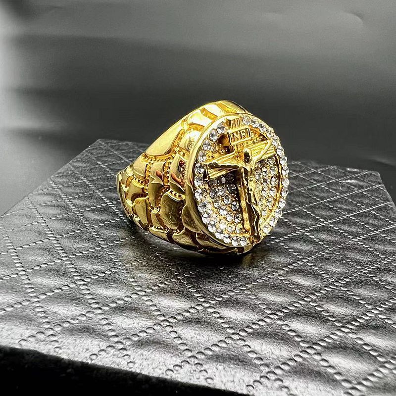 Gold Christ Ring with Diamond and Crucifix Amen Artisan