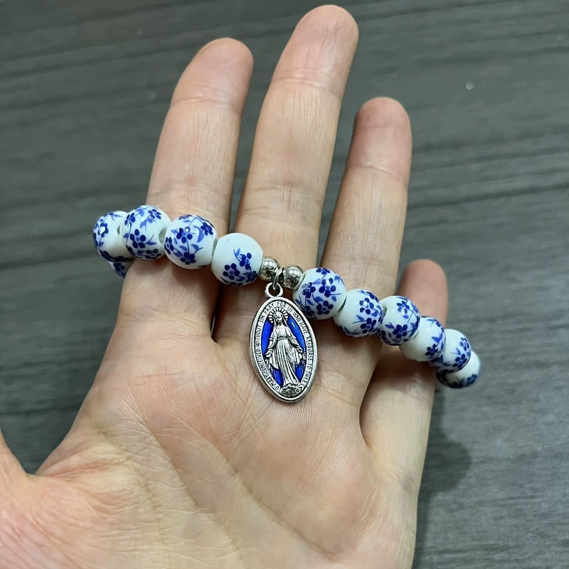 Ceramic Flower Beads Miraculous Medal Stretch Bracelet Amen Artisan