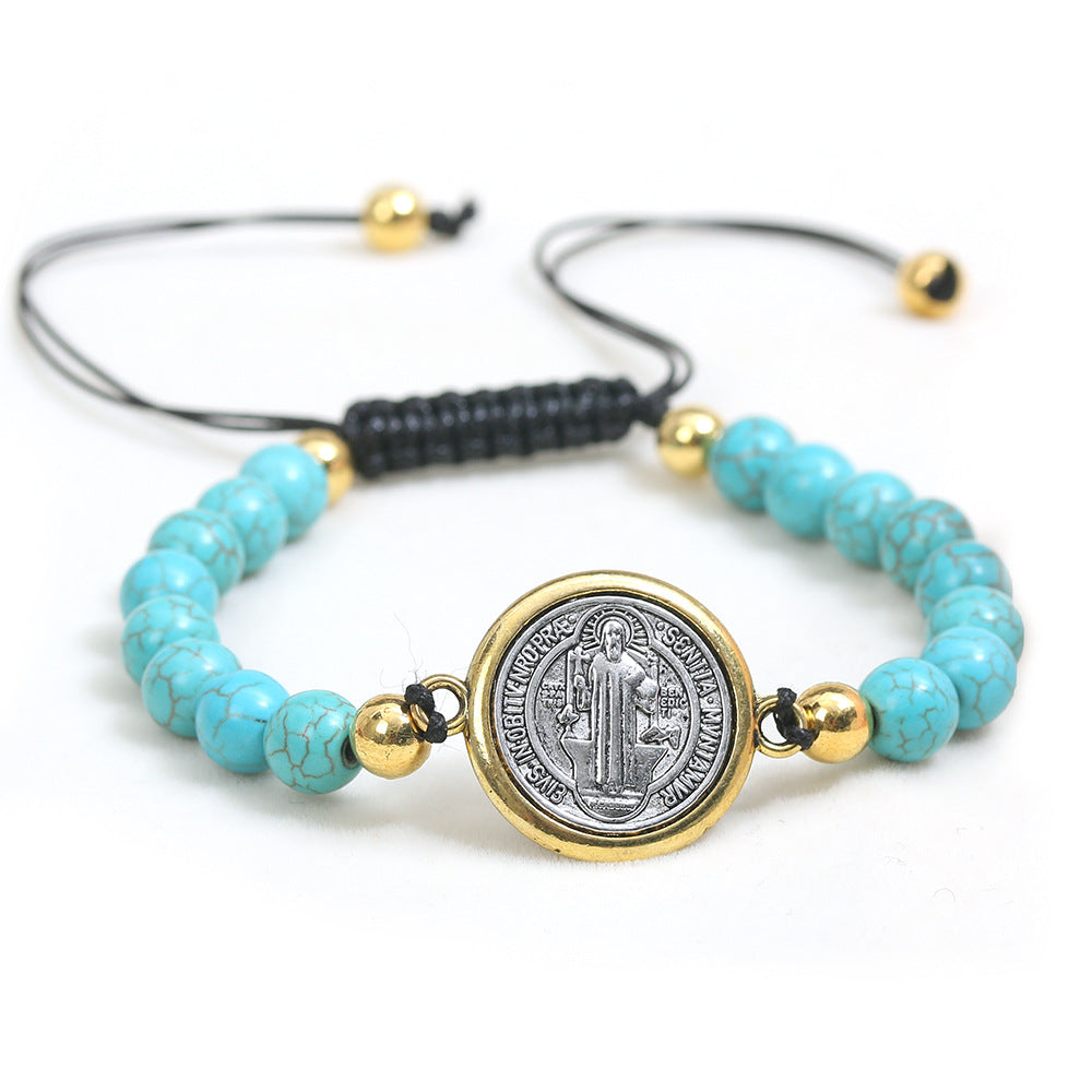 Turquoise Beads Saint Benedict Medal Adjustable Bracelet