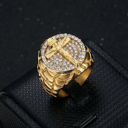 Gold Christ Ring with Diamond and Crucifix Amen Artisan