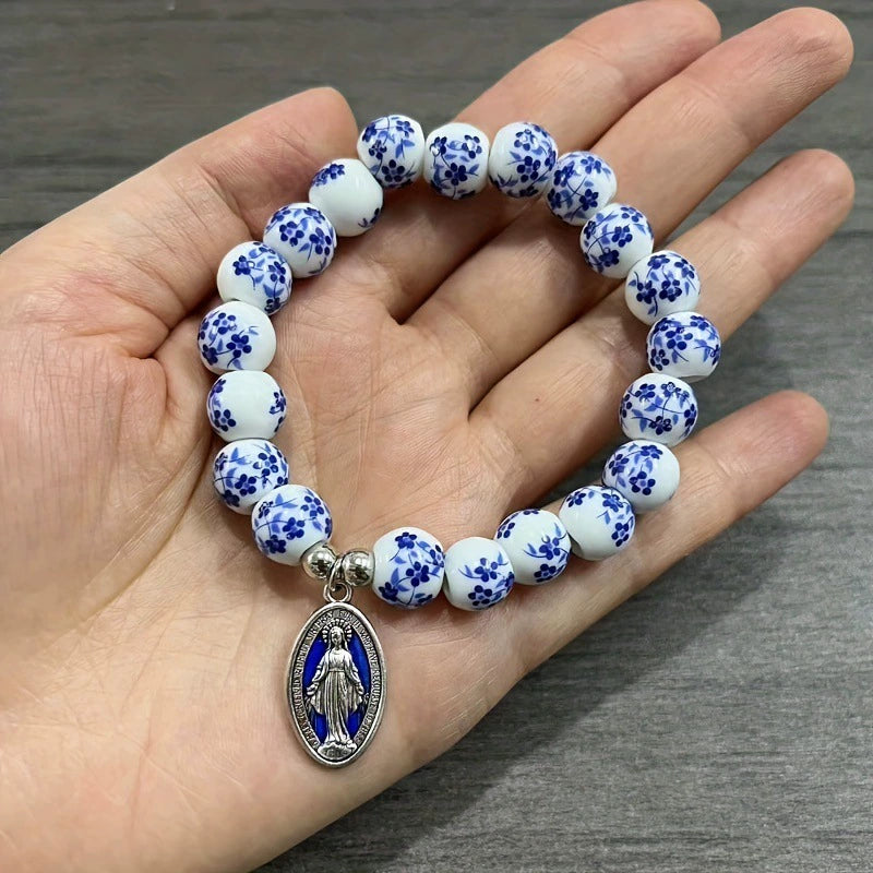 Ceramic Flower Beads Miraculous Medal Stretch Bracelet Amen Artisan