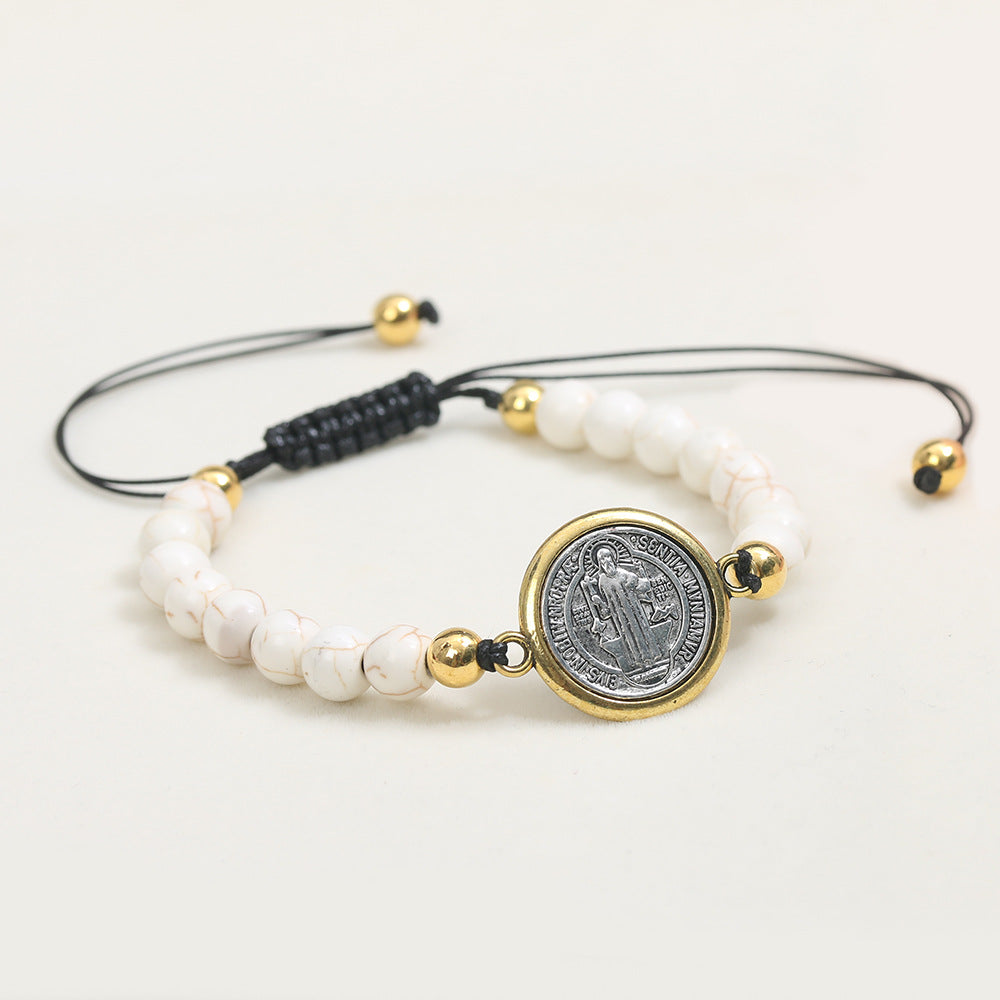 Turquoise Beads Saint Benedict Medal Adjustable Bracelet