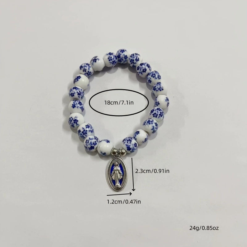 Ceramic Flower Beads Miraculous Medal Stretch Bracelet Amen Artisan