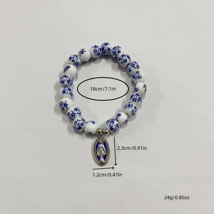 Ceramic Flower Beads Miraculous Medal Stretch Bracelet Amen Artisan