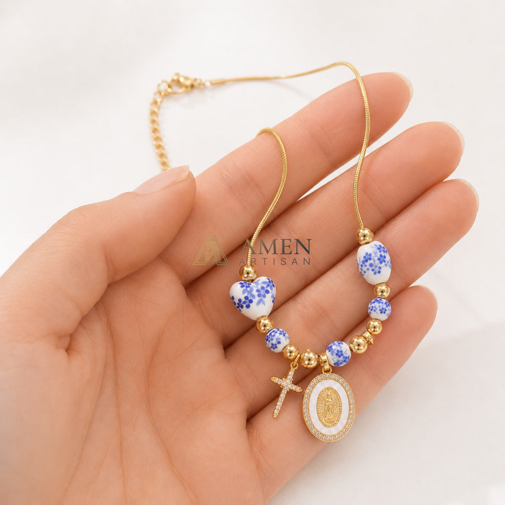 Floral Ceramic and Zircon Virgin Mary Cross Necklace Amen Artisan