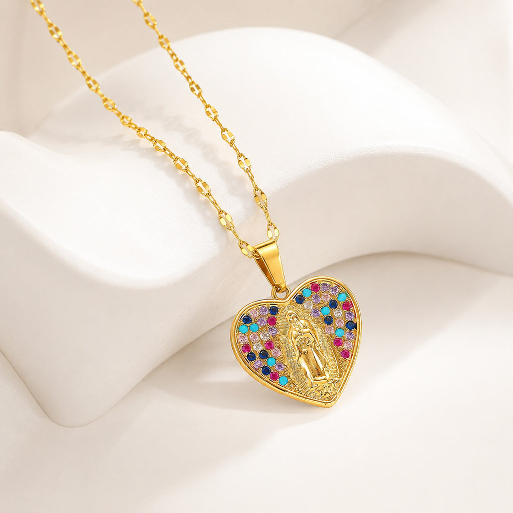 Colorful Crystal Our Lady Heart Necklace