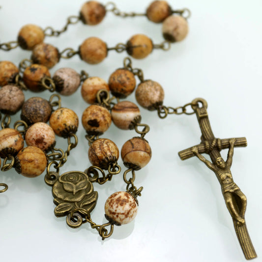 Vintage-Inspired Picture Jasper Rosary Amen Artisan
