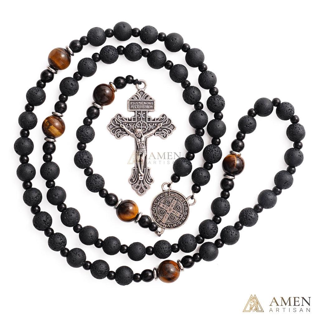 【Deal Today】Natural Lava Stone & Tiger’s Eye Prayer Beads with Vintage-Style Crucifix |  Amen Artisan