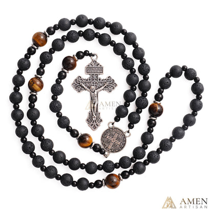 【Deal Today】Natural Lava Stone & Tiger’s Eye Prayer Beads with Vintage-Style Crucifix |  Amen Artisan