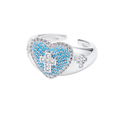 【DEAL TODAY】Blue Heart Cross Open Ring with Rhinestone Accents